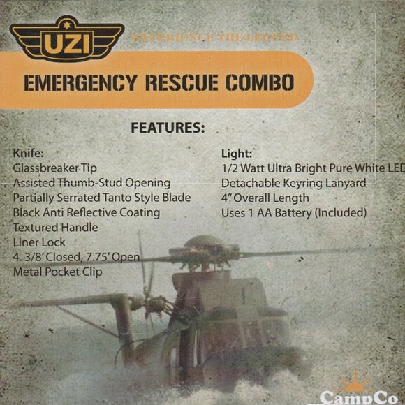 Uzi Emergency Rescue Combo Assisted Opening Rescue Knife & Led Light Set - Picture 2 of 2